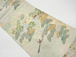 リサイクル　松・梅・桜に尾長鶏模様織出し袋帯